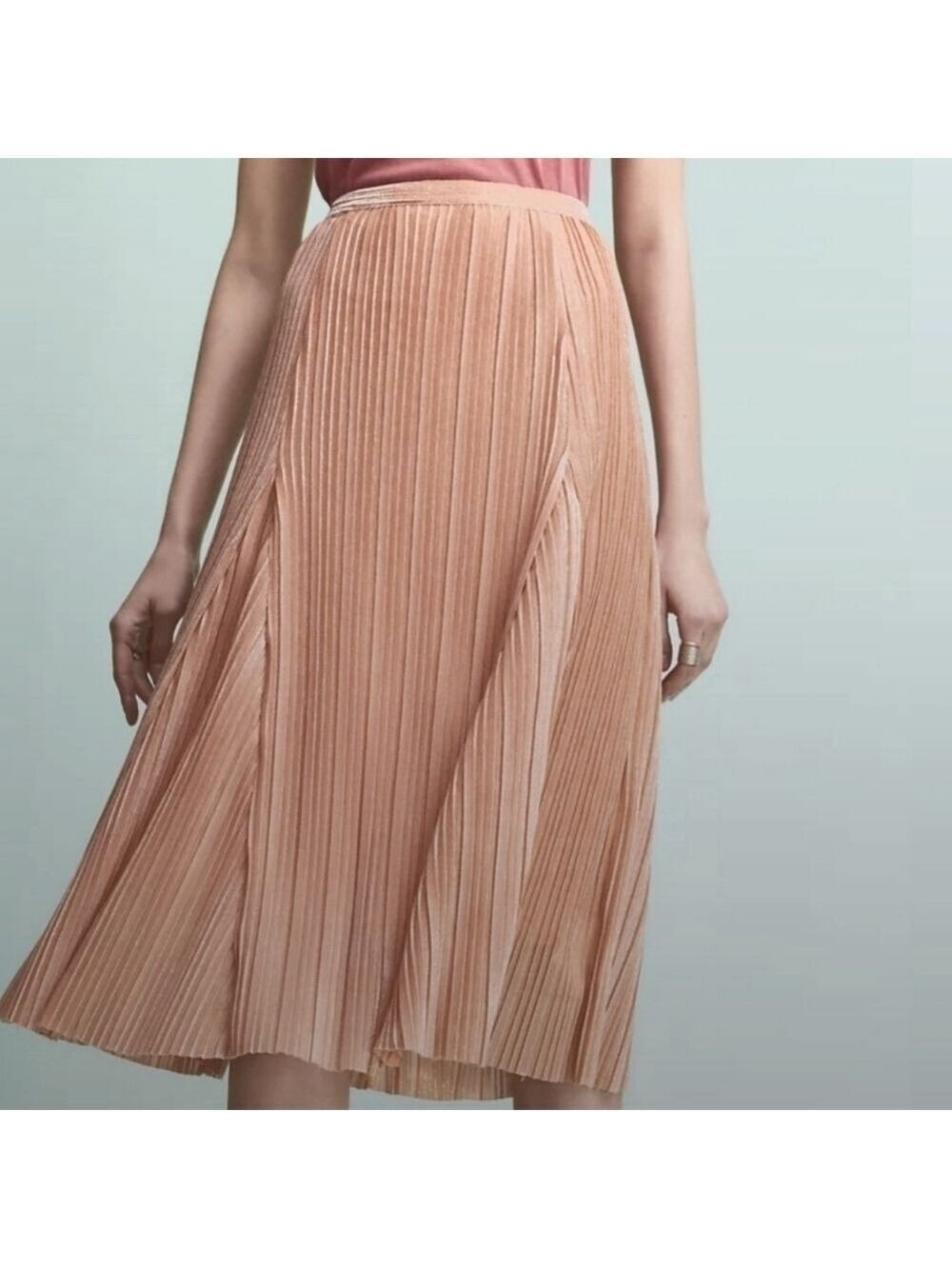 Anthropologie Maeve Ambra Pink Rose Shimmer Pleated Midi Skirt Size Small